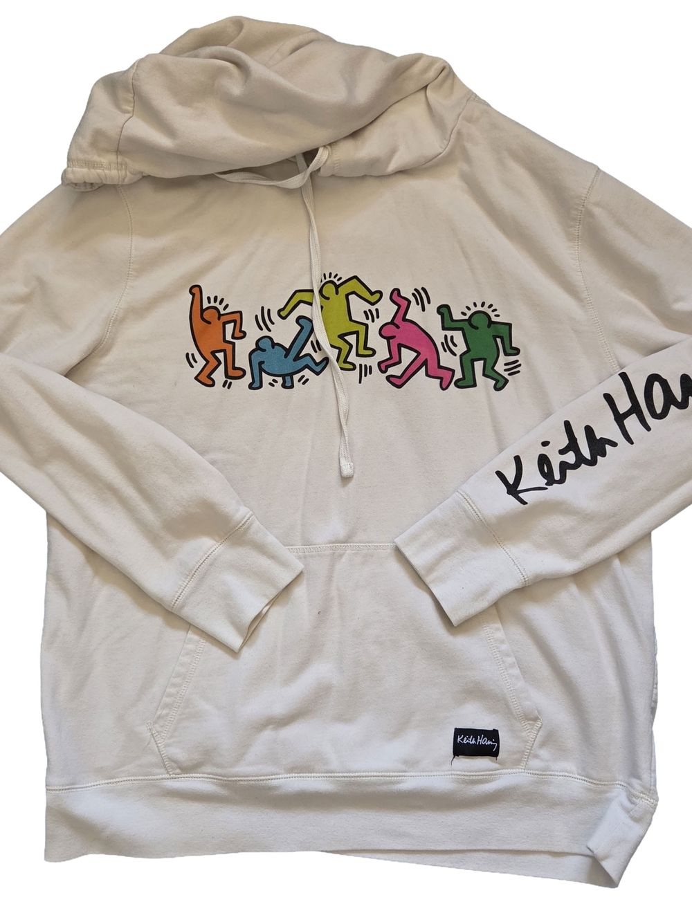Keith Haring Cream Graphic Hoodie with Multicolor Characters Size Xl